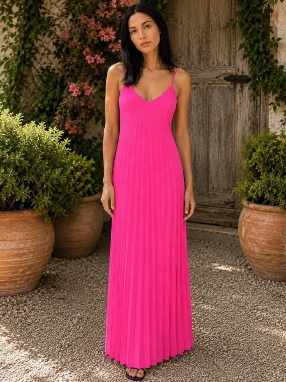 Skies Are Blue Bright Pink Pleated Maxi Dress with Spaghetti Straps M Medium